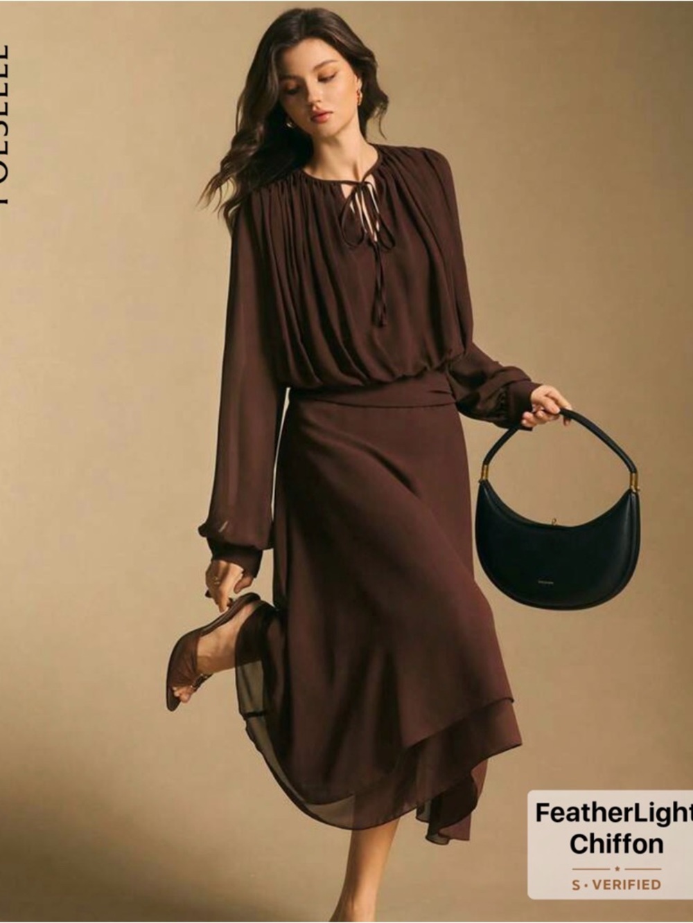 Brand new!  Women’s Long-Sleeve Chiffon Midi Dress with Tie Neck